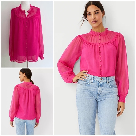 Ann Taylor Tops - NWT Ann Taylor Barbie Pink Ruffle Shirred Yoke Button Casual Work Office Blouse‌